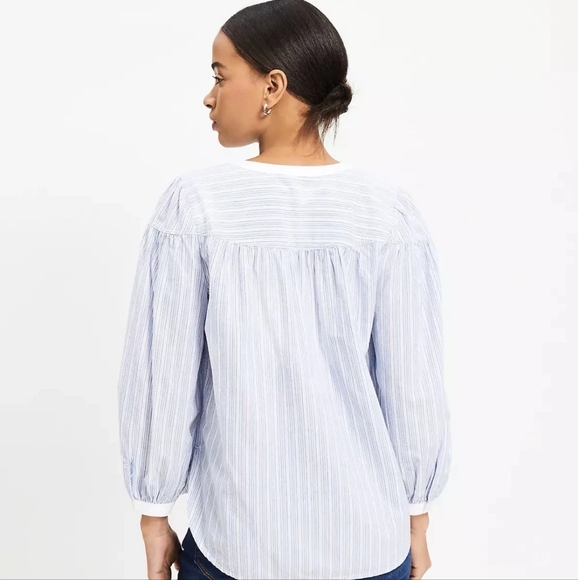 Ann Taylor Loft Striped Quarter Sleeve V Neck Plaid Printed Top Cottagecore - Picture 4 of 11